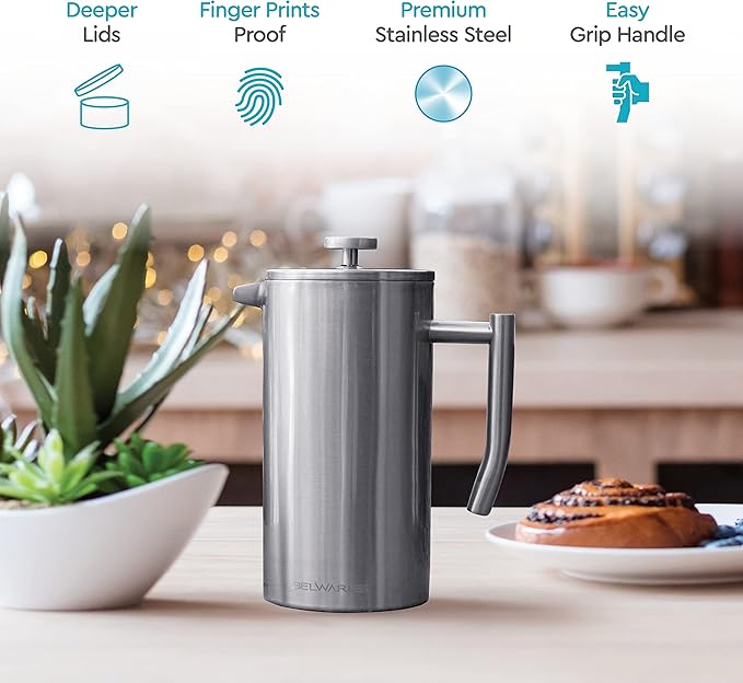 Belwares French Press Coffee Maker - Large 50oz 6-Cup, 304 Stainless Steel Coffee Press, Double Wall Insulated Heat Retention, 4-Level Filtration for Smooth Ground-Free Coffee, 2 Extra Filters, Silver