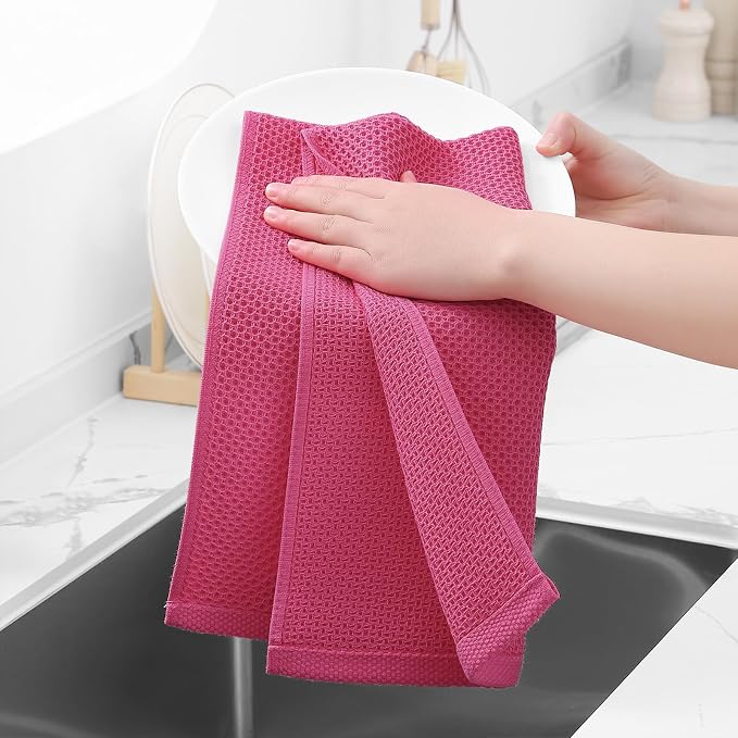 Homaxy 100% Cotton Waffle Weave Kitchen Dish Towels 4-Pack, Hot Pink | 13 x 28 Inches, Ultra Soft Absorbent Dish Towels, Quick Drying Cleaning Towels