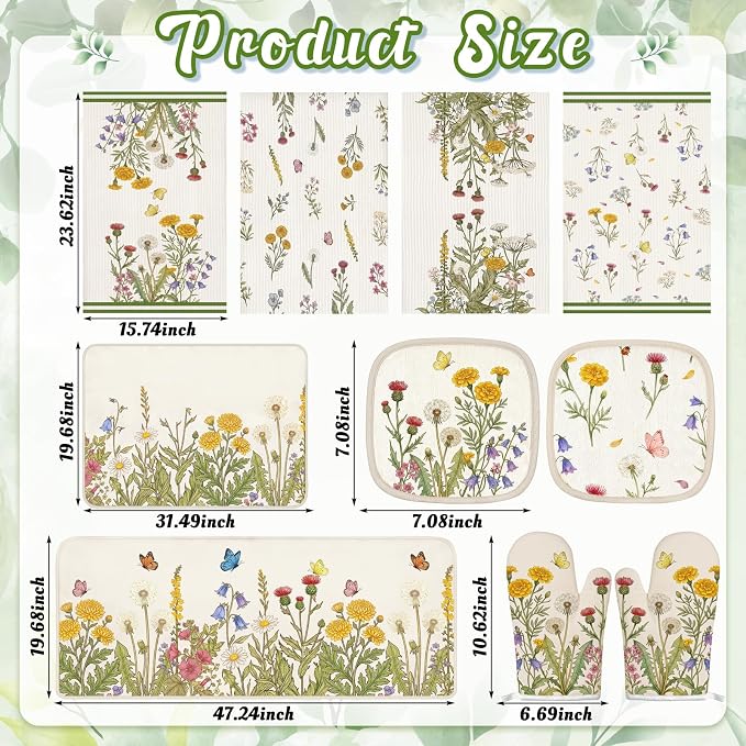 Tieshankao 10Pcs Wildflower Kitchen Decor Accessories Set | Green Wildflower Floral Theme, Kitchen Towels, Oven Mitts, Pot Holders, Rugs and Mats, Baking Supplies, Housewarming Gifts