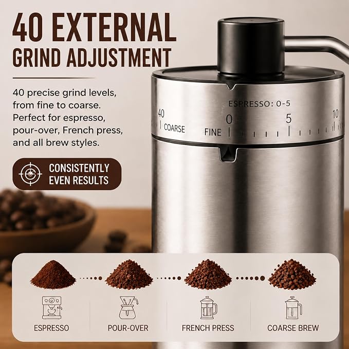 Mini Manual Coffee Grinder with 40 External Adjustable Settings | Ceramic Conical Burr, Stainless Steel Body, 35g Capacity, for Espresso, Pour Over, French Press, Home, Camping, Travel & Gift