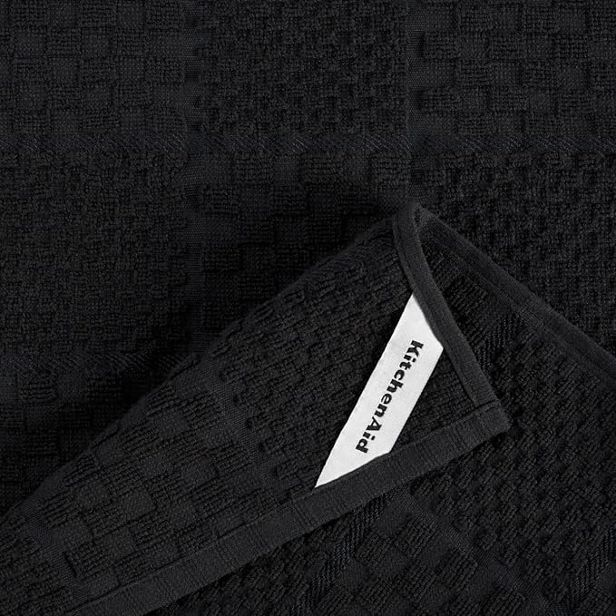 KitchenAid Quilted Cotton Terry Cloth Oven Mitt, Pot Holder, Kitchen Towel 4-Pack Set, Heat Resistant, Silicone Grip, Gift Set, Matte Black, 16"x26", 7"x13" & 7"x10"
