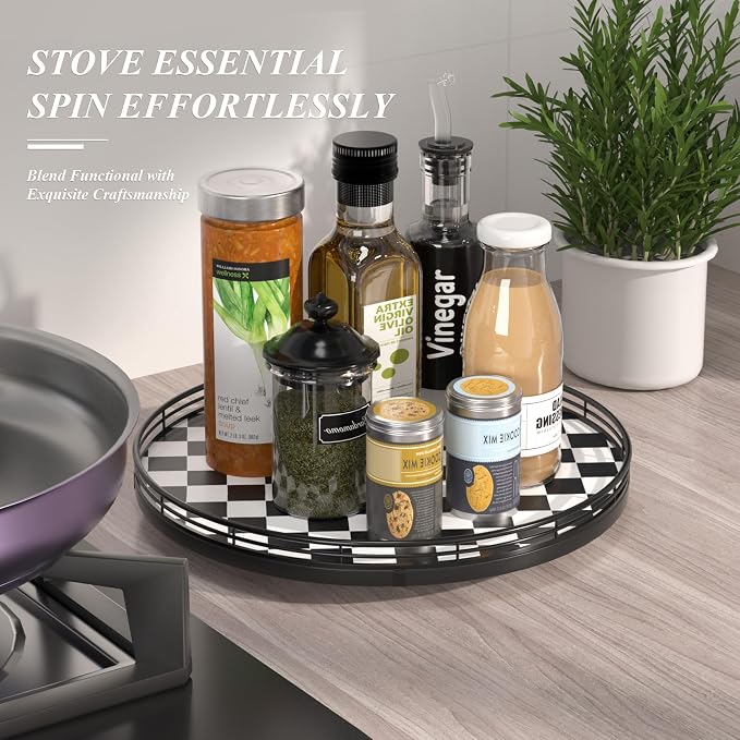 AMH 13-Inch Black and White Checkerboard Lazy Susan with Oak Wood Base | Smooth rotating oak tray with walnut finish for dining tables, kitchen counters, pantries and cabinet storage.