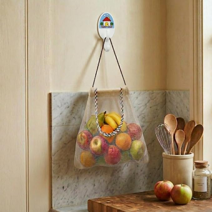 Reusable Hanging Storage Mesh Bags, White, 2 Bags & 2 Hooks | Durable, Breathable, For Fruits & Vegetables, Kitchen & Home Decor