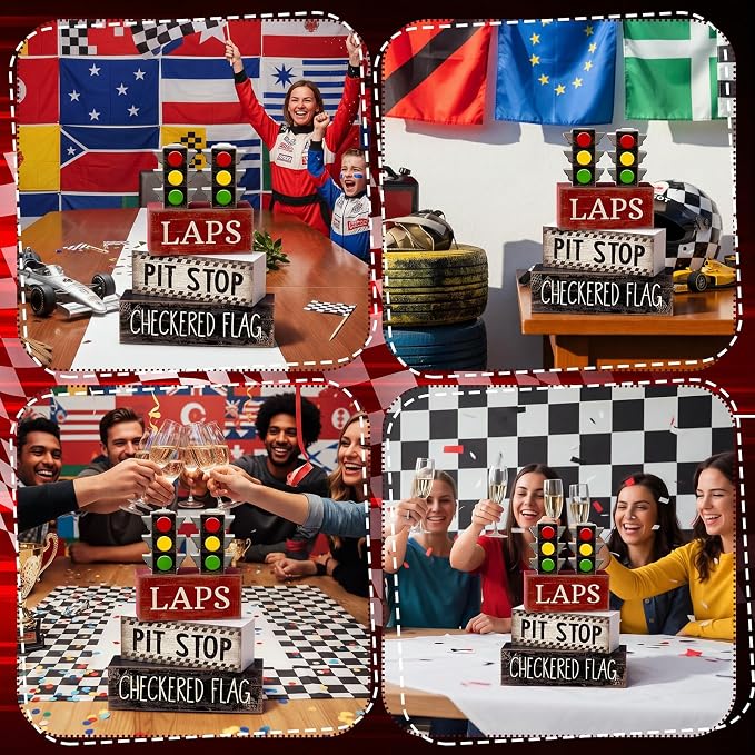Lineshading 4 Pcs Race Car Wooden Tiered Tray Decor Tabletop Block Signs | Traffic Lights Pit Stop Checkered Flag Design, Boys Racing Birthday Party Room Decorations, Theme Display