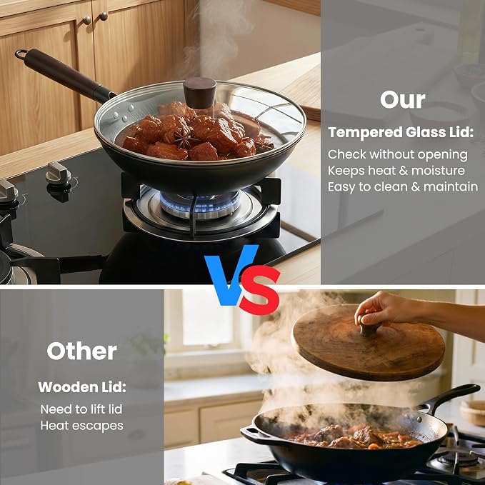 13 Inch Carbon Steel Wok with Lid, Large Flat Bottom Woks & Stir-Fry Pan | Large Chinese Wok Pan, 6.45QT, Nitrided Carbon Steel, No Chemical Coating, For All Stoves
