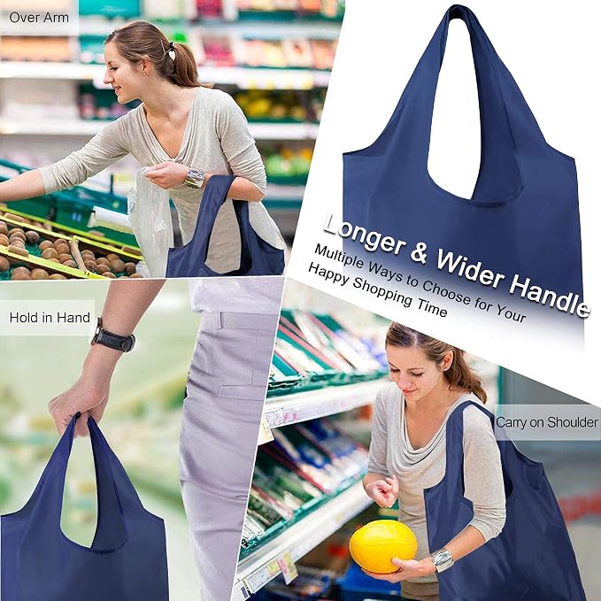 BeeGreen Navy Blue Reusable Grocery Bags Wholesale Reusable Kitchen Bags Bulk Foldable-Machine Washable with Zipper Storage Pouch 50 Packs