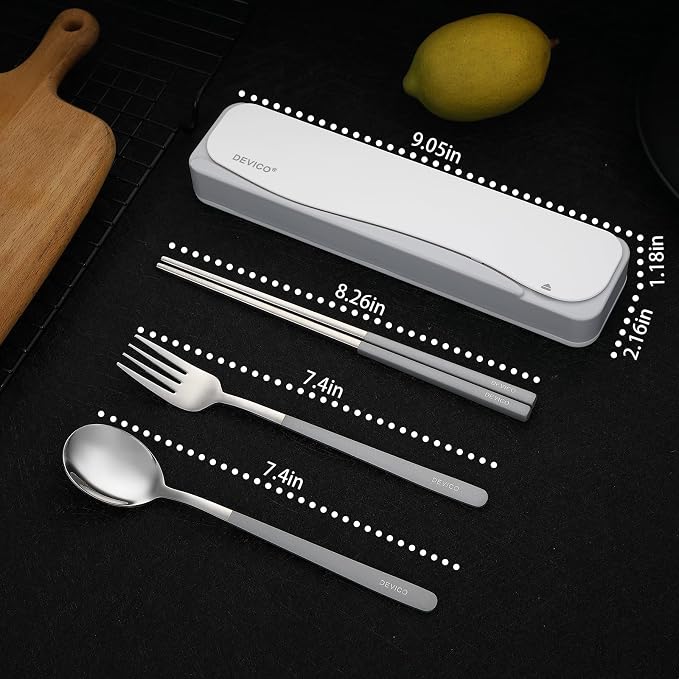 DEVICO Travel Utensils with Case, 4Pcs Portable Silverware Set for Work, 18/8 Stainless Steel Reusable Cutlery, Korean Spoon and Chopsticks Fork for Camping, School, Lunch Box Accessories (Grey)