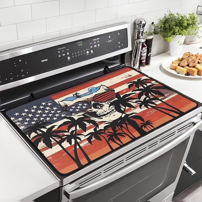 Skull Palm Tree Fireproof Stove Top Covers for Electric Stove, Waterproof & Heat Resistant Mat for Glass Top, Induction Cooktop Protector Home Kitchen Decor