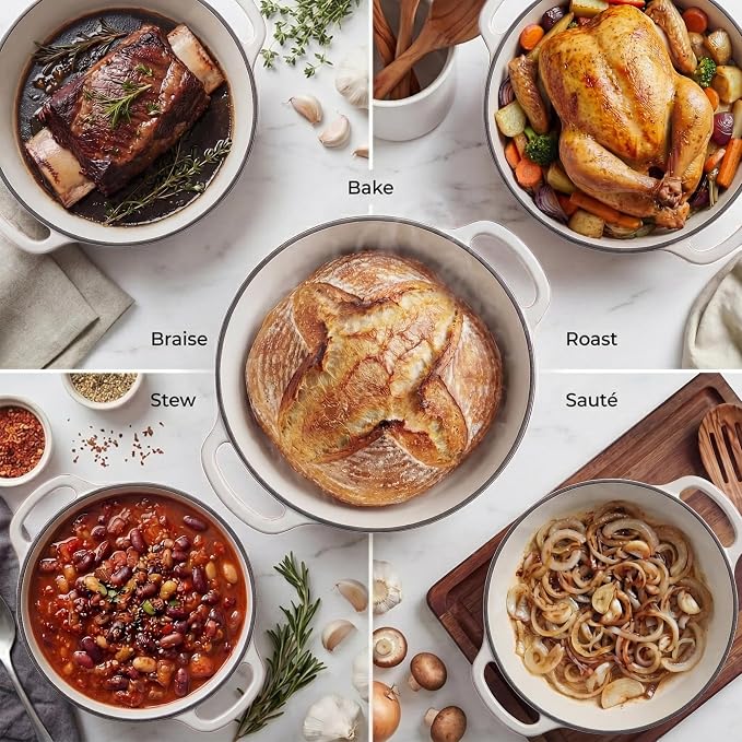 Zulay Kitchen 5 Quart Enameled Cast Iron Dutch Oven Pot with Lid – Premium Durability & Oven Safe up to 500°F – Heavy Duty Cookware Perfect for Bread Baking, Stews, Braising & Roasting – White