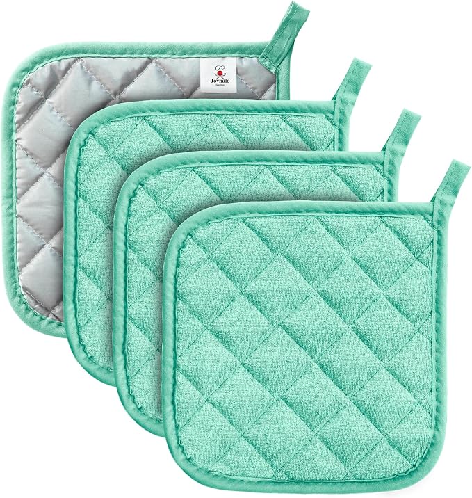 Joyhalo 4 Pack Pot Holders for Kitchen Clearance | Cotton Oven Holder with Great Heat Resistance, Potholders Sets for Kitchen, Countertops, Hot Pots and Pans, Aqua