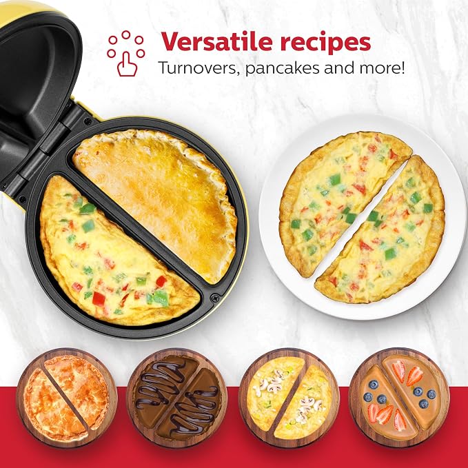 Holstein Housewares Stainless Steel 2 Section Omelet & Frittata Maker, Non Stick Coating, Easy To Clean, Indicator Lights, Compact Storage, Prepare Versatile Recipes in Minutes. 2 Portions, Yellow