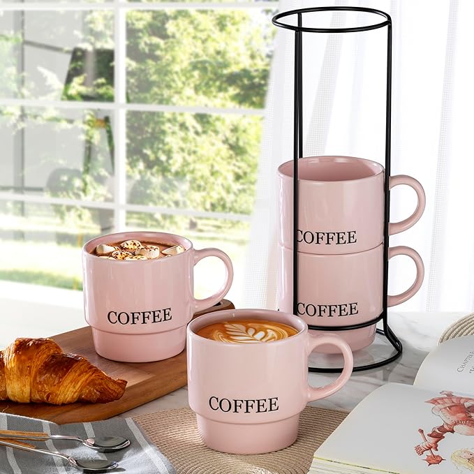 Signature Housewares Stackable Coffee Mug Tower Set with Metal Wire Rack - 15 Ounce Coffee Mugs for Coffee, Tea, Cocoa, Milk, Cappuccino, Hot Chocolate Set of 4 - Pink Coffee