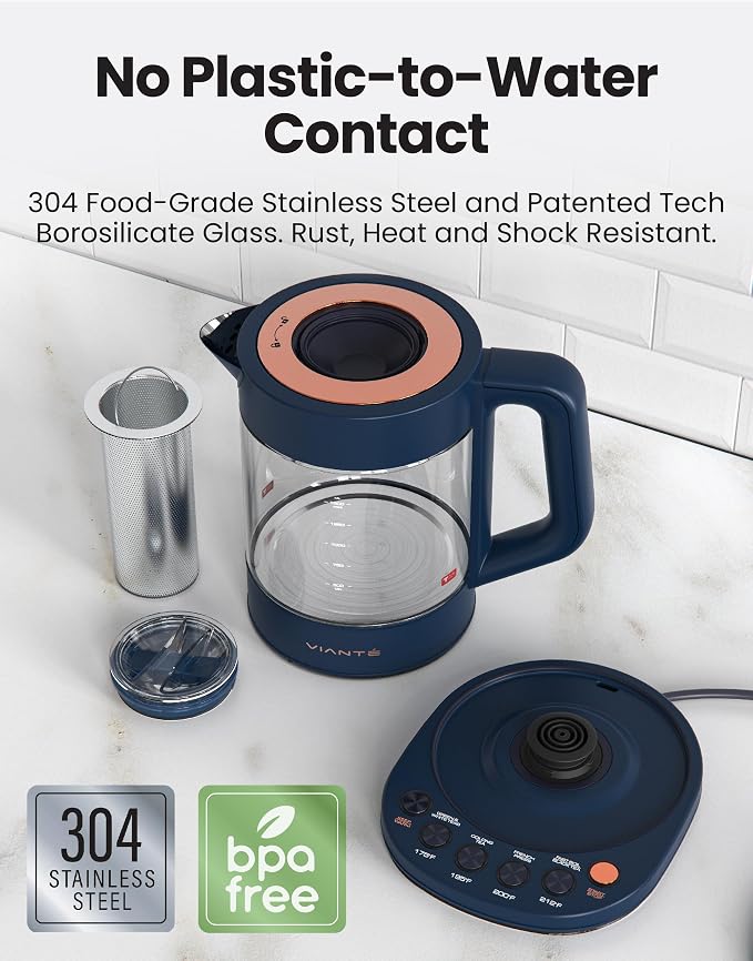 Viante Alba Electric Tea Kettle, Infuser, No Plastic, 1.5L, Midnight Blue | Borosilicate glass & 304 stainless steel construction. 4 temp presets, keep-warm, cordless, auto shut-off