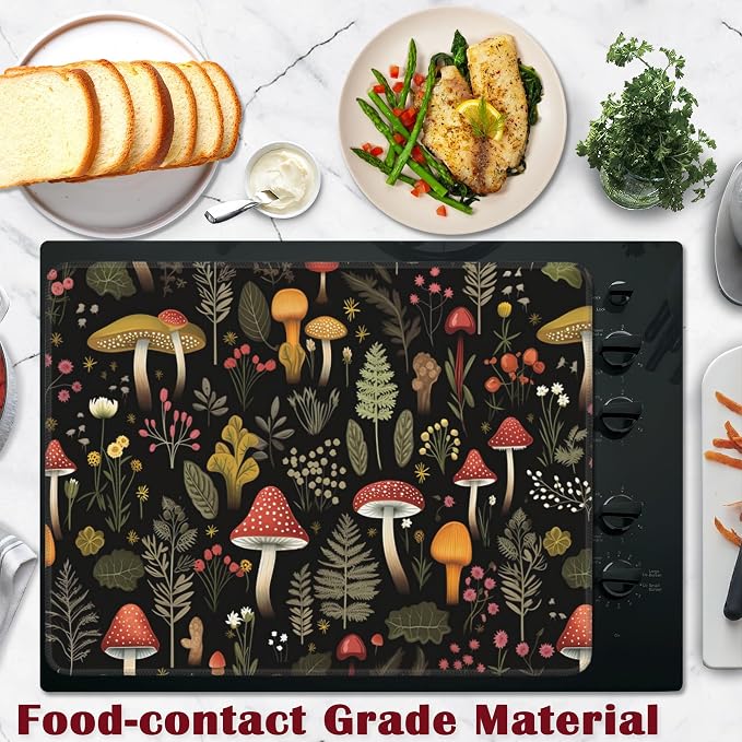 Retro Mushroom Stove Top Cover Glass Cooktop Heat Resistant Cover,Forest Plant Moth Ceramic Stove Top Covers Mat Prevents Scratching Stoves/Counter/Washer Protector, 28x20 in