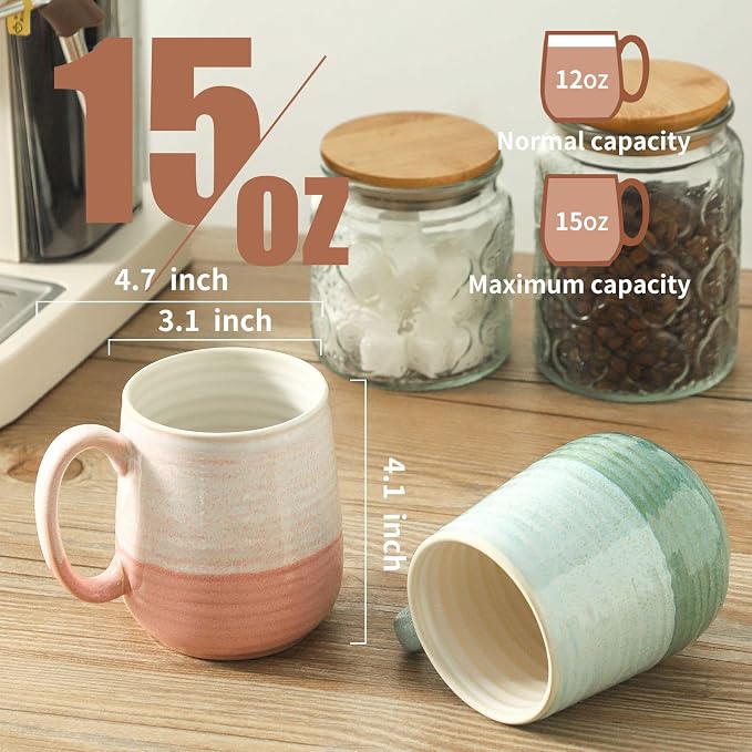 HASENSE 15oz Coffee Mugs Set of 4, Ceramic Coffee Cups with Handle for Tea, Cocoa, Latte, Milk, Porcelain Large Coffee Mugs for Kitchen, Coffee Bar, Rainbow