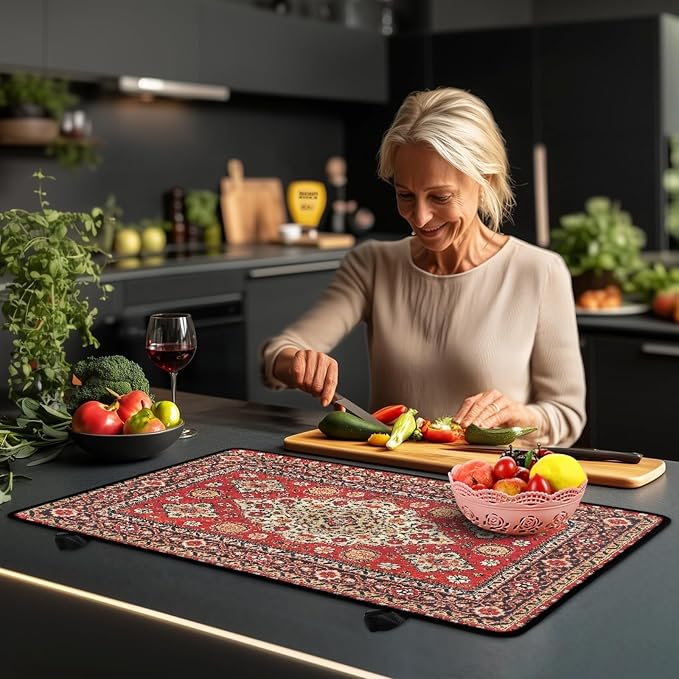 Vintage Red Boho Floral Stove Top Covers for Electric Stove, Bohemia Ethnic Style Glass Stovetop Cover with Lanyard Rug Carpet Pattern Countertop Protector Mat for Kitchen 28 x 20 Inch