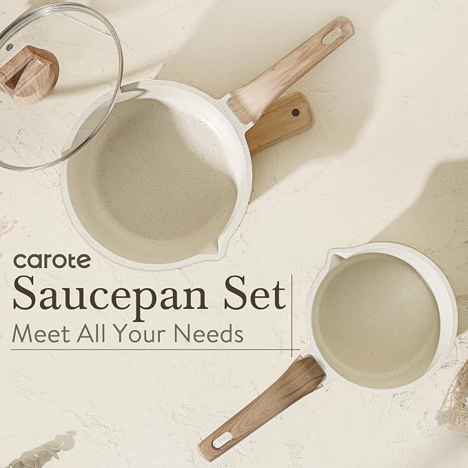 CAROTE Nonstick 1.5Qt & 3.0Qt Sauce Pan Sets with Lid, White | Kitchen Non Toxic Cookware with Stay-cool Handle, All Stovetops Compatible, Dishwasher Safe, PFOA Free