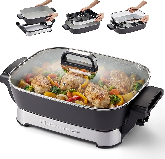 Elite Gourmet Stow-Away Ceramic Electric Skillet, 1500W, Black/Gray | PFAS-Free Ceralast Coating, Rapid Heat-Up, 15"x12"x3" Foldable Design, Dishwasher-Safe Pan & Lid, Large Size
