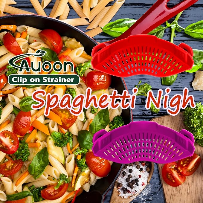 AUOON Clip On Strainer Silicone for Pots, Standard 8.86 x 3.55in, Purple | Food-grade BPA-free, Fits Pots Pans Bowls, Dishwasher Safe, for Pasta Noodles Vegetable Fruits, Space-saving Kitchen Gadget