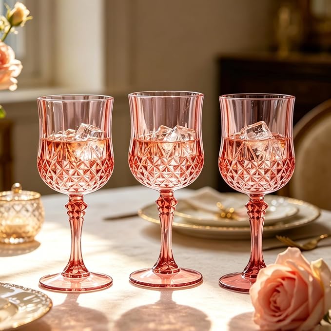 48Pack Plastic Wine Glasses, 7oz Vintage Goblets for Wedding | Unbreakable Crystal Style Reusable Stemware, Elegant Rose Gold Drinking Glass for Party Anniversary & Holiday Celebration