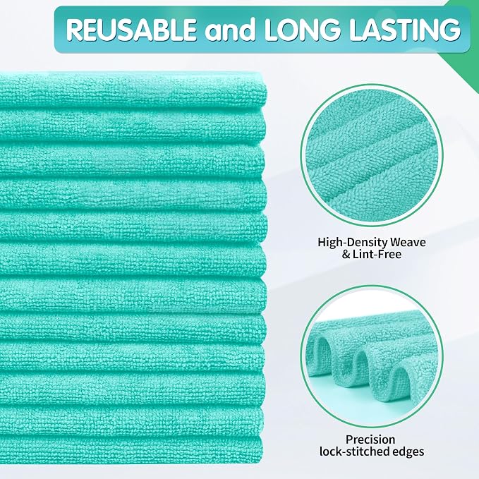 Turquoise Microfiber Cleaning Cloth -Pack of 12, Highly Absorbent Cleaning Rags, 16"X12" All Purpose Cleaning Towels for Housekeeping, Kitchen, Car, Lint Free and Reusable Microfiber Towels