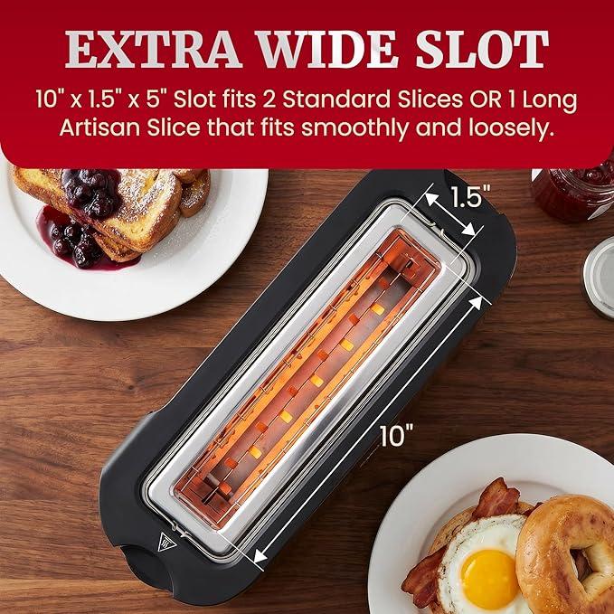 Elite Gourmet ECT3200 2-Slice Slim Toaster, Stainless Steel & Black | 1 Long Slot, 6 Toast Settings, Reheat, Defrost & Cancel, Built-In Warming Rack, Extra-Wide Slots Fit Bagels & Waffles