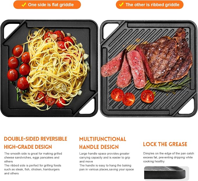 GGC Cast Iron Reversible Griddle | Double-sided Griddle Pan for Stove Tops and Gas Grills, 10"x 10" Square Baking Flat and Ribbed Griddle for Camping stoves