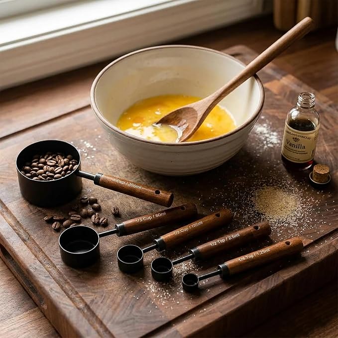 Measuring Cups and Spoons Set, 8PCS Stainless Steel Metal Measuring Cups, Walnut Wood Handle, Black Plated, For Dry and Liquid Ingredients