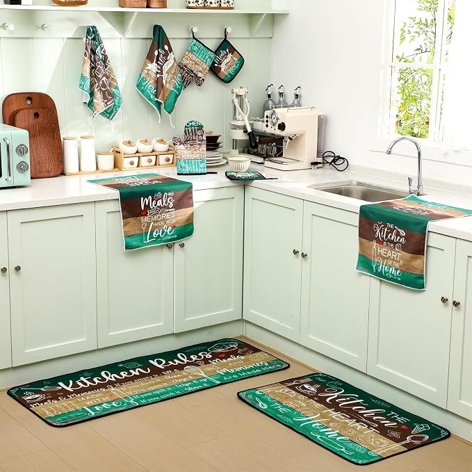 Fourluoo 10 Pcs Teal and Brown Kitchen Decor Set Farmhouse Oven Mitts and Pot Holders Sets Turquoise Dish Towels Kitchen Rugs and Mats for Home Decorations Baking Cooking Birthday Summer Gifts