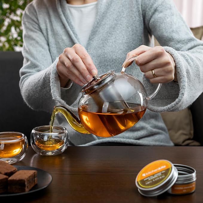 Glass Teapot Set with 4 Double Wall Tea Cups & Removable Stainless Steel Infuser, 35oz/1000ml Borosilicate Tea Kettle Stovetop Safe, Loose Leaf & Blooming Tea Maker Gift Set for Women