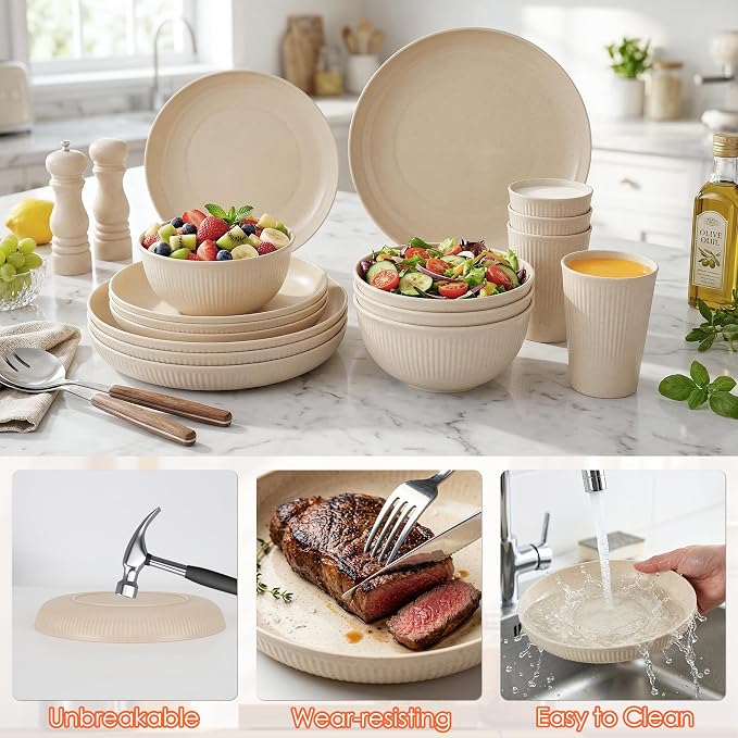 16pcs Wheat Straw Dinnerware Set for 4 People Camping Plates and Bowls Set | Unbreakable Dish Set Reusable Picnic Set, 23cm Plates,20cm Plates, 350ml Cups, 15cm Bowls, Microwave and Dishwasher Safe