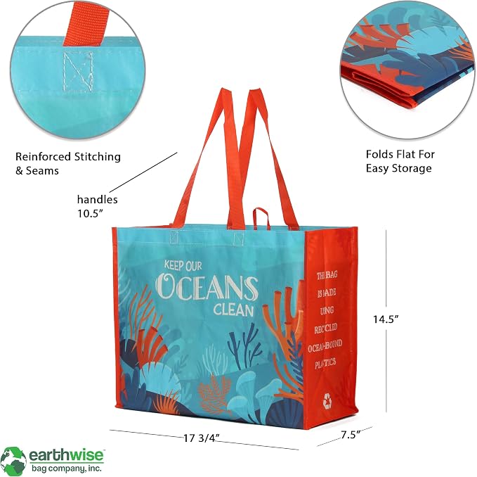 Earthwise Reusable Grocery Bags – Foldable & Water‑Resistant OceanWise® Shopping Bags, Gift Totes, Durable Multi‑Use Eco Bags (5 Pack)