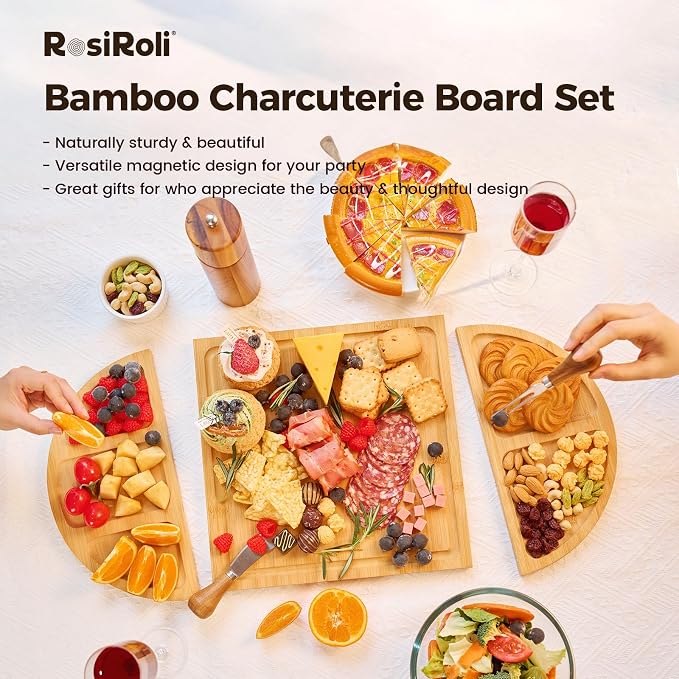 Magnetic Bamboo Charcuterie Board Set, 3-Piece Serving Tray | 100% Natural Bamboo, Magnetic 3-Piece Transformable Layout,Built-in Juice Grooves, Fits Parties and Gatherings