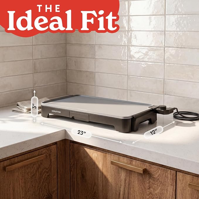 Gourmia 22 Inch XL Electric Griddle Pan - Nonstick Extra Large Flat Top Ceramic Surface, Countertop Cooker, Adjustable 200°F–400°F, Pull-Out Drip Tray, Compact Handle-Free Design