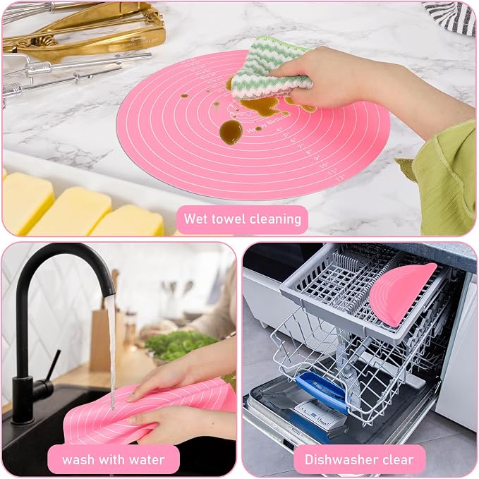 Silicone Baking Mat Cake Mat Round Silicone Baking Mat with Measurements for Cake Turntable Stand Pastry Baking Sheet, Non-Stick and Heat Resistant (Pink)