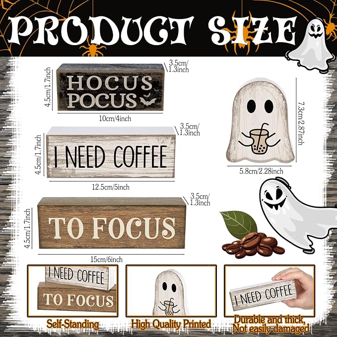 Lineshading 4 Pcs Wooden Tiered Tray Decor Ghost Coffee Block Signs | Farmhouse Tabletop Decor for Halloween, Coffee Theme Hocus Pocus Humor Blocks, Rustic Gift for Home Styling
