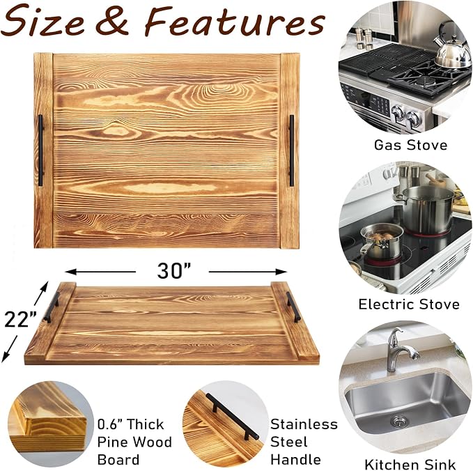 30"x22" Noodle Board Stove Cover for Electric & Gas Stoves, Cabonized Pine Wood Ranges Stovetop Cover for Extra Counter Space, Also Sink Cover & Serving Tray