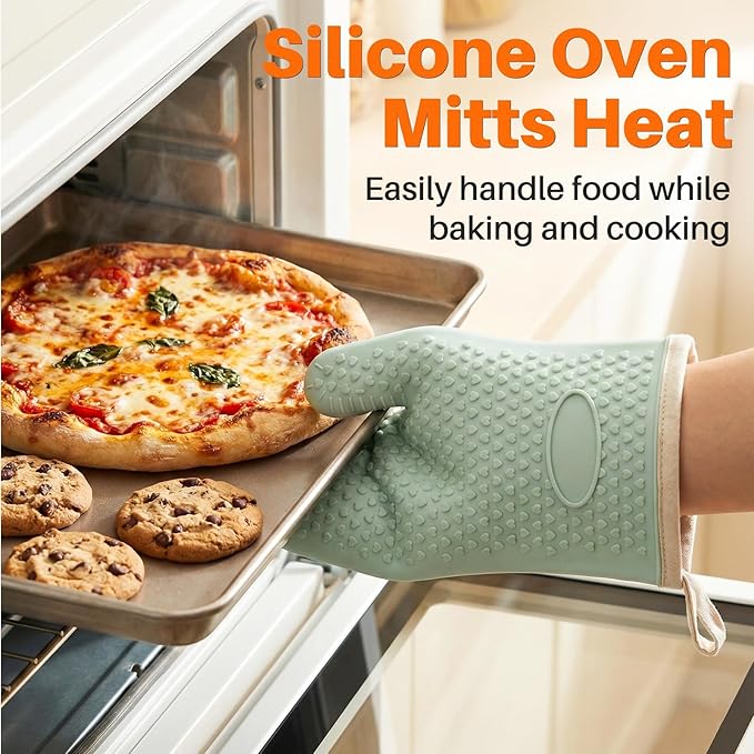 2Pack Heat Resistant Oven Mitts & Silicone Gloves with Fingers, Non-Slip Grip Food Grade Safety Mitts, Waterproof Kitchen Gloves for Cooking(Green)