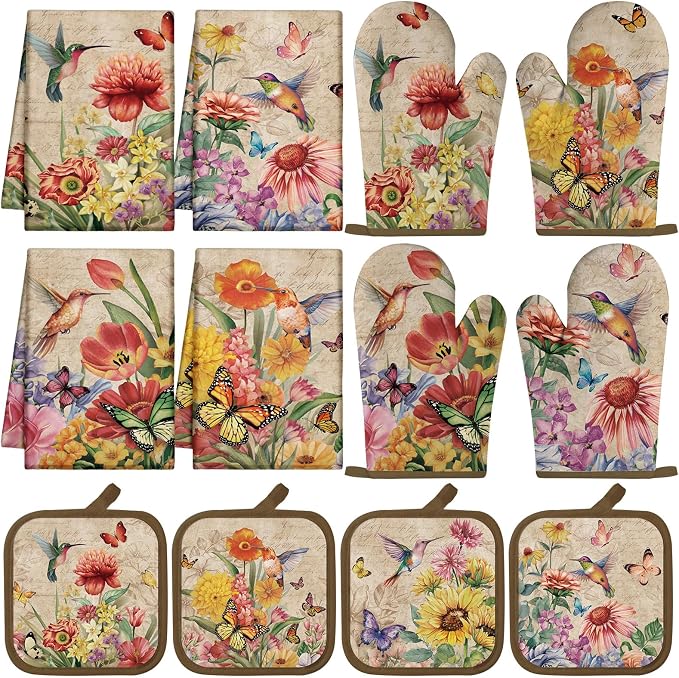 SiliFine 12 Pcs Summer Hummingbird Kitchen Accessories Set Hummingbird Oven Mitts Vintage Floral Flower Pot Holders Butterfly Kitchen Towels for Home Decorations, Cooking Baking Gifts