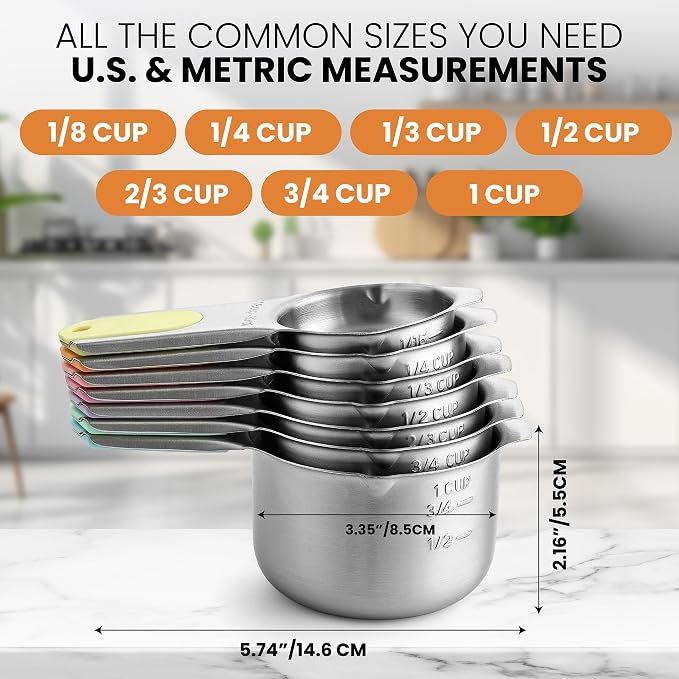 Spring Chef Magnetic Stainless Steel Measuring Cups Set of 7, Pastel | Patented Metal Measuring Cups for Measuring Dry or Liquid Ingredients, Easy to Read Markings, Dishwasher Safe Magnetic Cups