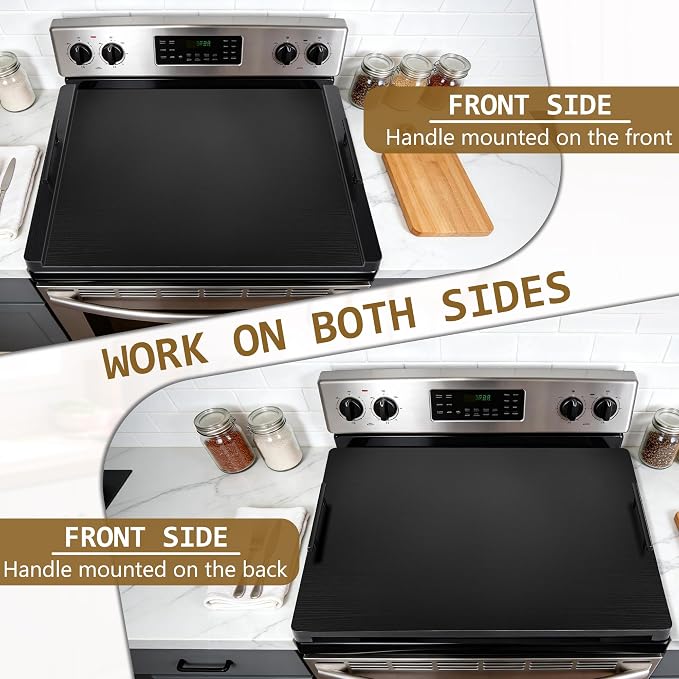 Noodle Board Stove Cover with Handles, Wood Stove Top Covers for Electric Stove and Gas Burners, Wooden Decorative Serving Tray Kitchen Sink Cover for Counter Space (Black)