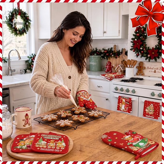 13 Pcs Gingerbread Man Kitchen Set, Towel Rug Valance Mitts | Nonslip Rugs and Mats, Festive Valance with Baking Decor, Pot Holders Included, Gingerbread Theme Design, Holiday Cooking