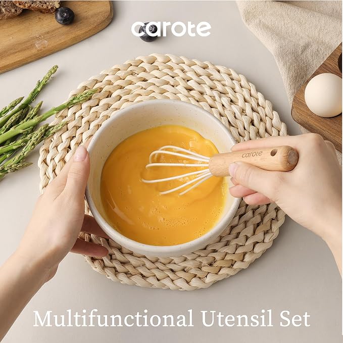CAROTE 10-Piece Kitchen Utensils Set with Wood Cool-Touch Handles, Cream | Silicone Cooking Utensil, Food Grade, Nonstick Cookware Friendly, BPA-Free, Heat-Resistant, Everyday Home Essentials, Gifts