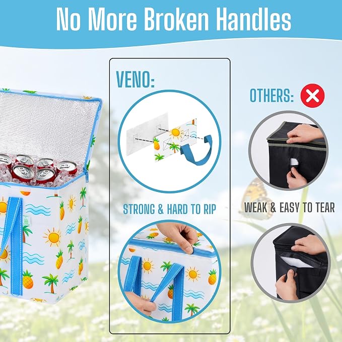 VENO 2 Pack Insulated Cooler Bag Reusable Grocery Bag for Food Delivery | Heavy Duty Large Collapsible Cooler Shopping Tote w/ Zippers, Foldable, Stands Upright for Camping (Tropical Island, 2 Pack)