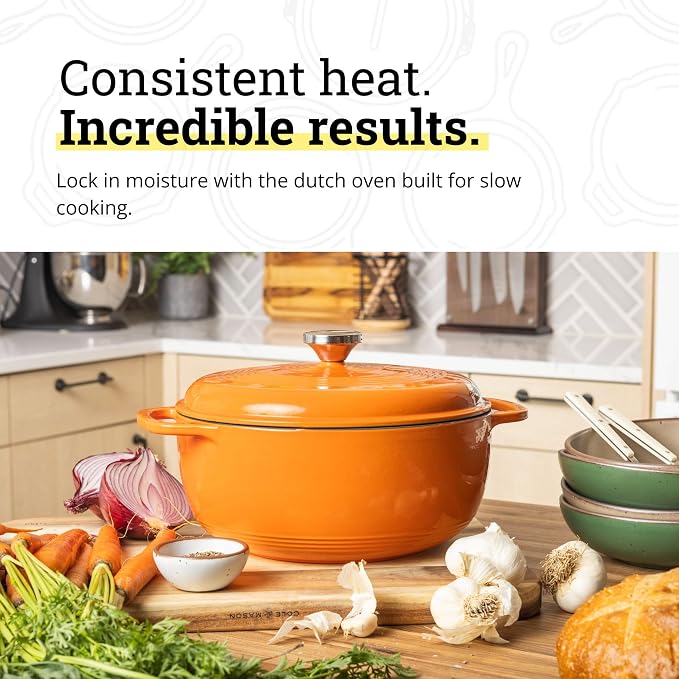 Lodge Essential Enamel Cast Iron Dutch Oven 6 Quarts - Perfect for Bread Baking, Braising, Marinating & Slow Cooking, Features Moisture-Sealing Lid & Dual Handles, Kitchen Essentials, Pumpkin