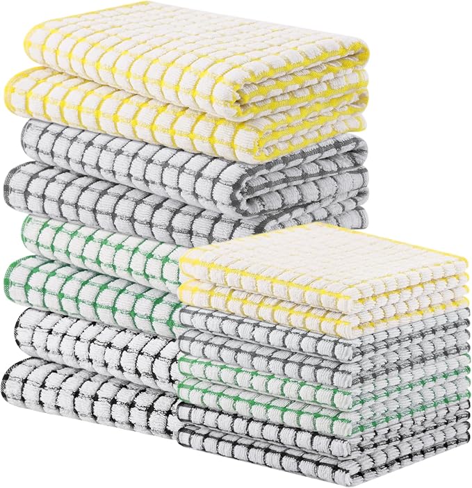 Homaxy Kitchen Towels and Dishcloths Set (16”x 25” and 12”x 12”, 16 Pack) | Cotton Terry Kitchen Dish Towels, Super Soft and Absorbent Dish Cloths, Black/Grey/Yellow/Green