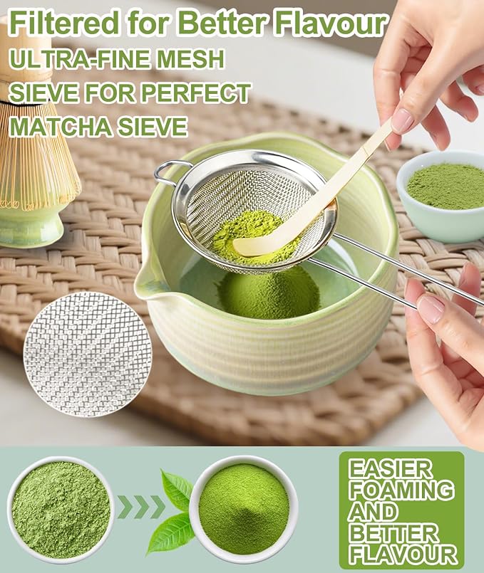 JBER Matcha Set, 7PCS Ceramic Matcha Whisk Set for Matcha Lovers Ceremony | Matcha Kit Gift Includes 17oz Bowl, Bamboo Whisk (Chasen), Holder, Powder Sifter for Matcha Starter, Gradient Green Yellow