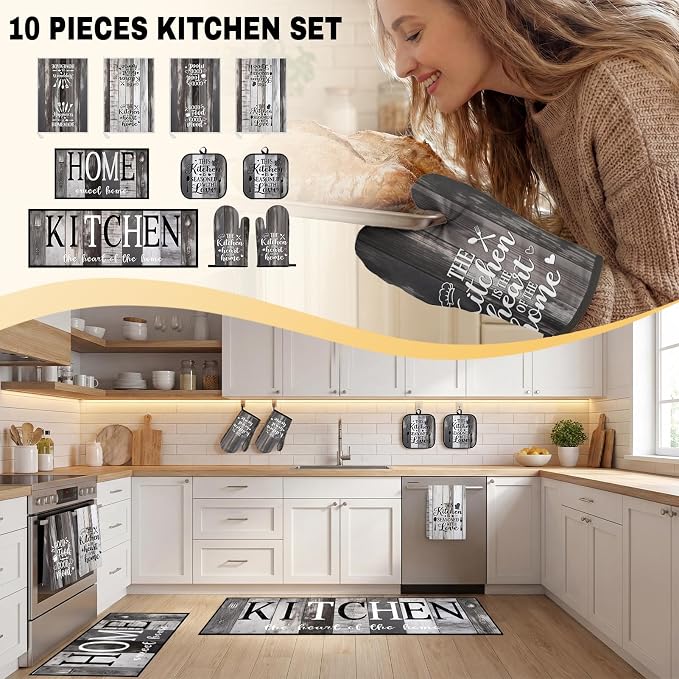 10 Pcs Kitchen Decor and Accessories Set, Rustic Country Vintage | Western 4 Dish Towels Kitchen Rugs 2 Oven Mitts 2 Pot Holders, Home Decor for Cooking Baking BBQ Gifts Women Mom Housewarming