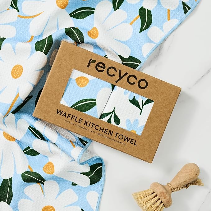 RECYCO Waffle Kitchen Towel Set of 2 - Quick Dry Microfiber Sustainable Dish Towels - Ultra Absorbent Reusable Cleaning Tea Towels - Lightweight Hand Towels,16”x 28”, Daisy Dreams