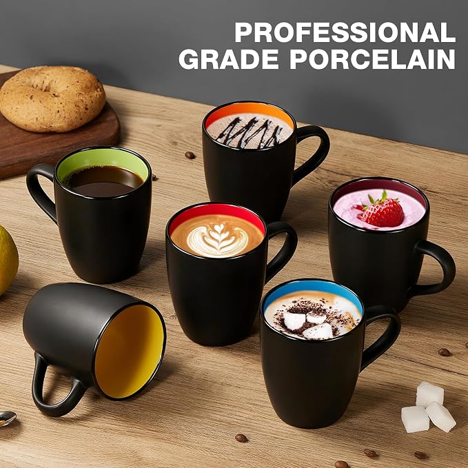 Qipecedm 6 Pack Porcelain Coffee Mugs Set, 12 Ounces Ceramic Coffee Mugs, Matte Black Coffee Mug, Restaurant Cups for Coffee, Tea, Cappuccino, Cocoa, Cereal, Black outside and Colorful inside
